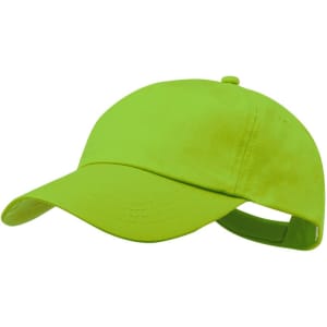 A bright green sport cap with a curved brim and an adjustable strap at the back, featuring a logo.