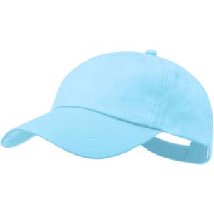 A light blue sport cap with a curved brim and an adjustable strap at the back. It features a logo.
