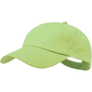 A green sport cap with a curved brim and adjustable strap at the back, featuring a logo.