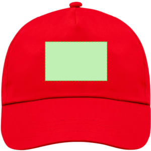 A red sport cap featuring a blank rectangular area on the front for customization.