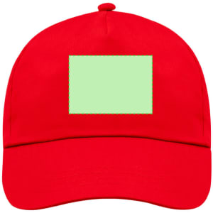 A red sport cap featuring a blank area for customisation and a logo on the front.