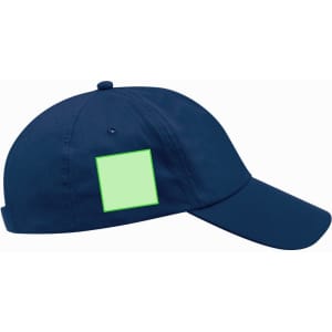 A navy blue sport cap featuring a blank area for branding, designed for casual wear and outdoor activities.