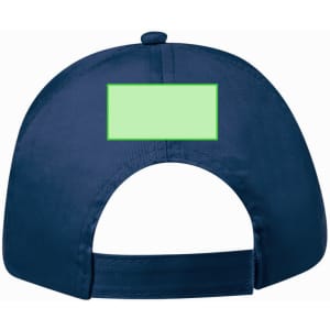 A navy blue cap with a green rectangular area for customisation and an adjustable strap at the back.