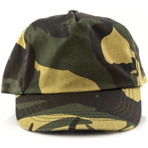 A camouflage cap featuring green and yellow patterns, designed as headwear. It has a curved brim and an internal logo.
