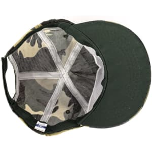 A camouflage cap featuring shades of green and beige, with an interior lining in a matching camo pattern.