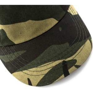 A camouflage cap featuring green and tan patterns with visible stitching details. It includes a logo on the front.