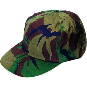 A camouflage cap featuring a mix of green, brown, and purple patterns, with a branding logo on the side.