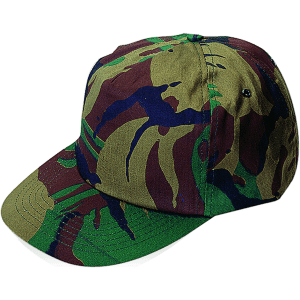 A camouflage cap featuring shades of green, brown, and purple with a logo. Suitable for outdoor activities.