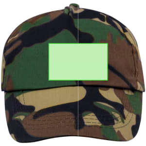 A camouflaged cap featuring green, brown, and beige patterns, with a logo area on the front.