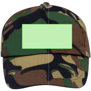A camouflage cap featuring shades of green and brown, with a blank space on the front and a logo on the side.