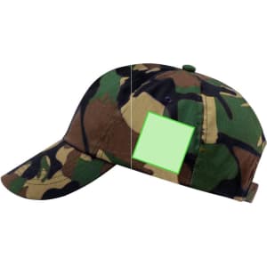 A camouflage cap featuring a green and brown pattern with an area for a logo or branding.