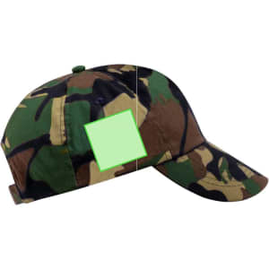 A camouflage cap featuring shades of green and brown, with a branded logo on the side.