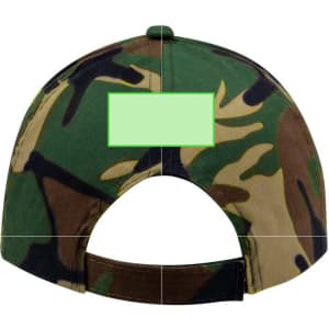 A camouflage cap featuring green and brown patterns, with an adjustable strap at the back and a logo present.