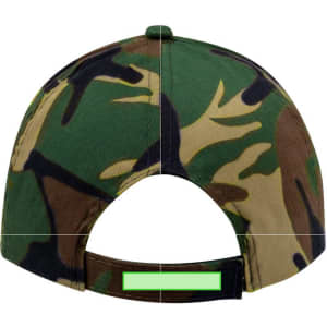 A camouflage cap featuring green and brown patterns, with an adjustable strap at the back and a logo.