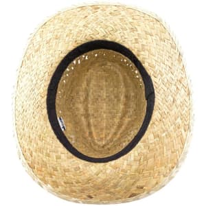 A straw hat with a natural finish and a black inner band, featuring a round top and woven design.
