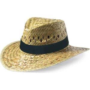 A straw hat with a wide brim and a dark green band, featuring a woven texture and light tan colour.