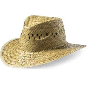 A straw hat with a wide brim, featuring a natural colour and woven design, with a logo.