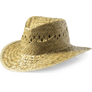 A light brown straw hat with a wide brim and a woven design, featuring a logo on the side.