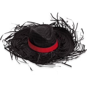 A black straw hat with fringe detailing and a red band. The hat features a wide brim for added style.
