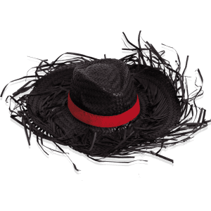 A black straw hat with a wide brim and a red band, featuring fringed edges for added detail.