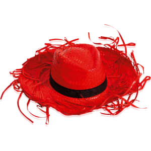A red straw hat with a wide brim and decorative fringe, featuring a black band around the crown.