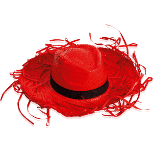 A bright red straw hat with a wide brim and a black band, featuring frayed accents around the edges.