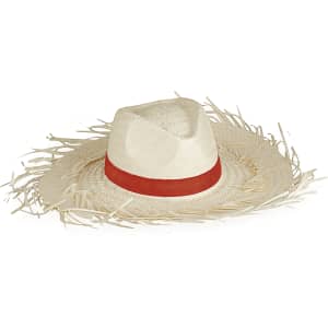 A straw hat in cream colour with frayed edges and a red band around the base. It features a logo on the inside.