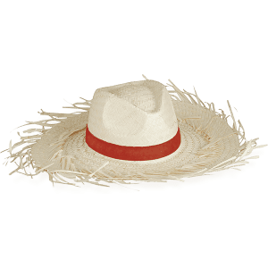 A straw hat featuring a wide brim and a red band, with decorative fringe around the edge.