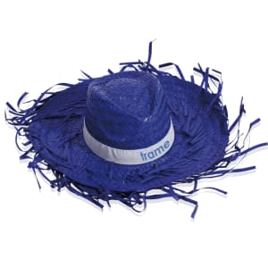 A blue straw hat with frayed edges and a white band, featuring a logo. Suitable for sunny days.