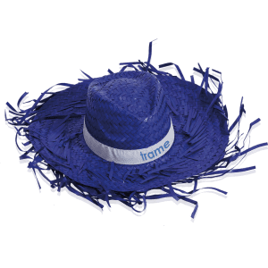 A blue straw hat with frayed edges and a white band featuring a logo.