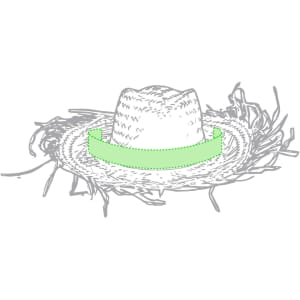 A straw hat with a wide brim and a patterned band in vibrant green. Features frayed edges for a casual style.