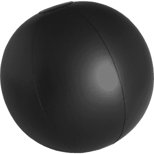 A black beach ball with a smooth surface and a small logo. Suitable for leisure and outdoor activities.
