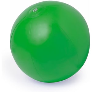 A bright green beach ball with a glossy finish, featuring a single branding logo.