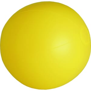 A bright yellow beach ball with a smooth surface and a valve for inflation. It includes a logo.