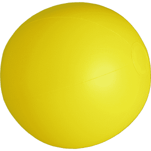 A bright yellow beach ball with a smooth surface and a small opening, ideal for outdoor leisure activities.