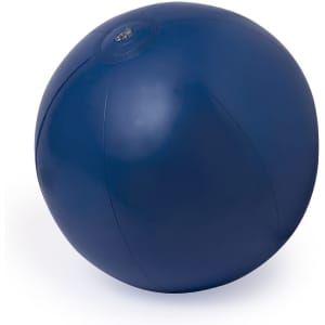 A navy blue beach ball with a smooth surface and a small valve for inflation. It features a simple design.