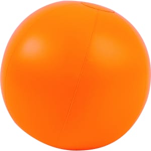 An orange beach ball with a smooth surface and a seam running along its side. It features a logo.