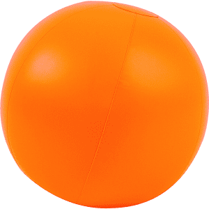 An orange beach ball with a smooth surface and a seam running around its centre. It has a logo on it.