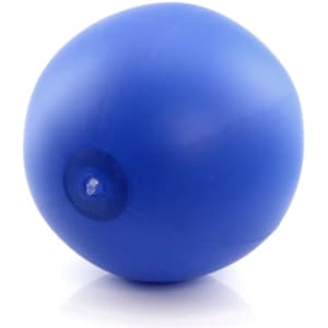 A blue beach ball with a valve, designed for leisure and outdoor activities. It has a smooth, glossy finish.
