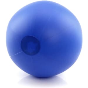 A blue beach ball with a smooth, round surface and a small hole for inflation.