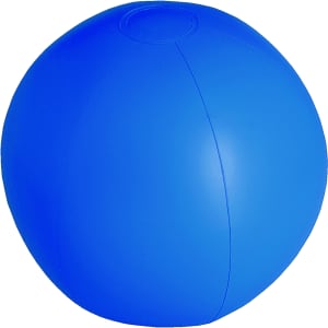 A blue beach ball with a smooth surface and a circular design. It features a small valve for inflation.