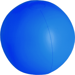 A blue beach ball featuring a smooth surface and a circular design. It has a branding logo.