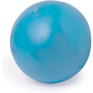 A bright blue inflatable beach ball with a smooth surface and a small valve at the top.