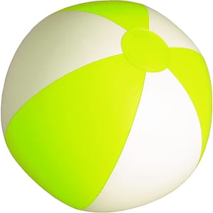 A vibrant yellow and white beach ball featuring a round shape and a central valve. It has an attached logo.