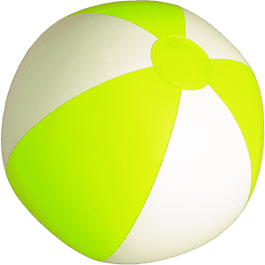 A brightly coloured beach ball in neon green and white, featuring a flat surface and a valve.