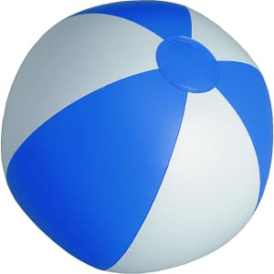 A blue and white beach ball with a round shape and a central valve, featuring alternating colour panels.