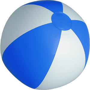 A blue and white beach ball with a classic design, featuring alternating stripes and a circular valve.