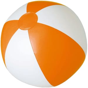 An orange and white beach ball with six panels and a valve. It features a logo on its surface.