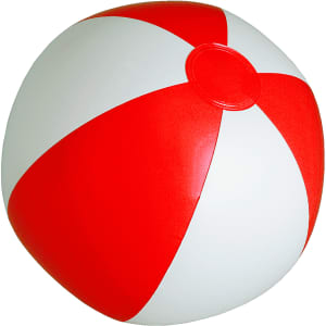 A red and white beach ball with a smooth surface and a round shape. It has a branding logo.