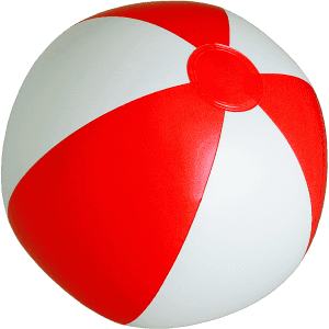 A large beach ball in red and white, featuring a smooth surface and a circular shape, with a small valve.